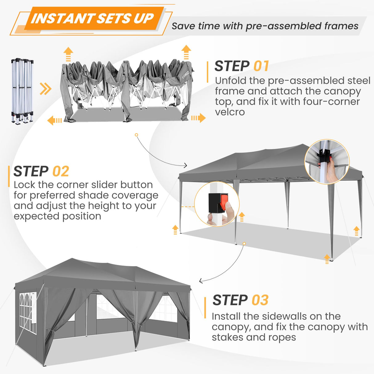 COBIZI 10x20 Pop Up Canopy Tent with 6 Sidewalls Tents for Parties Waterproof Camping Canopy Ez Up Party Tent Outdoor Portable Gazebo for Backyard Commercial Event Tent, Grey COBIZI