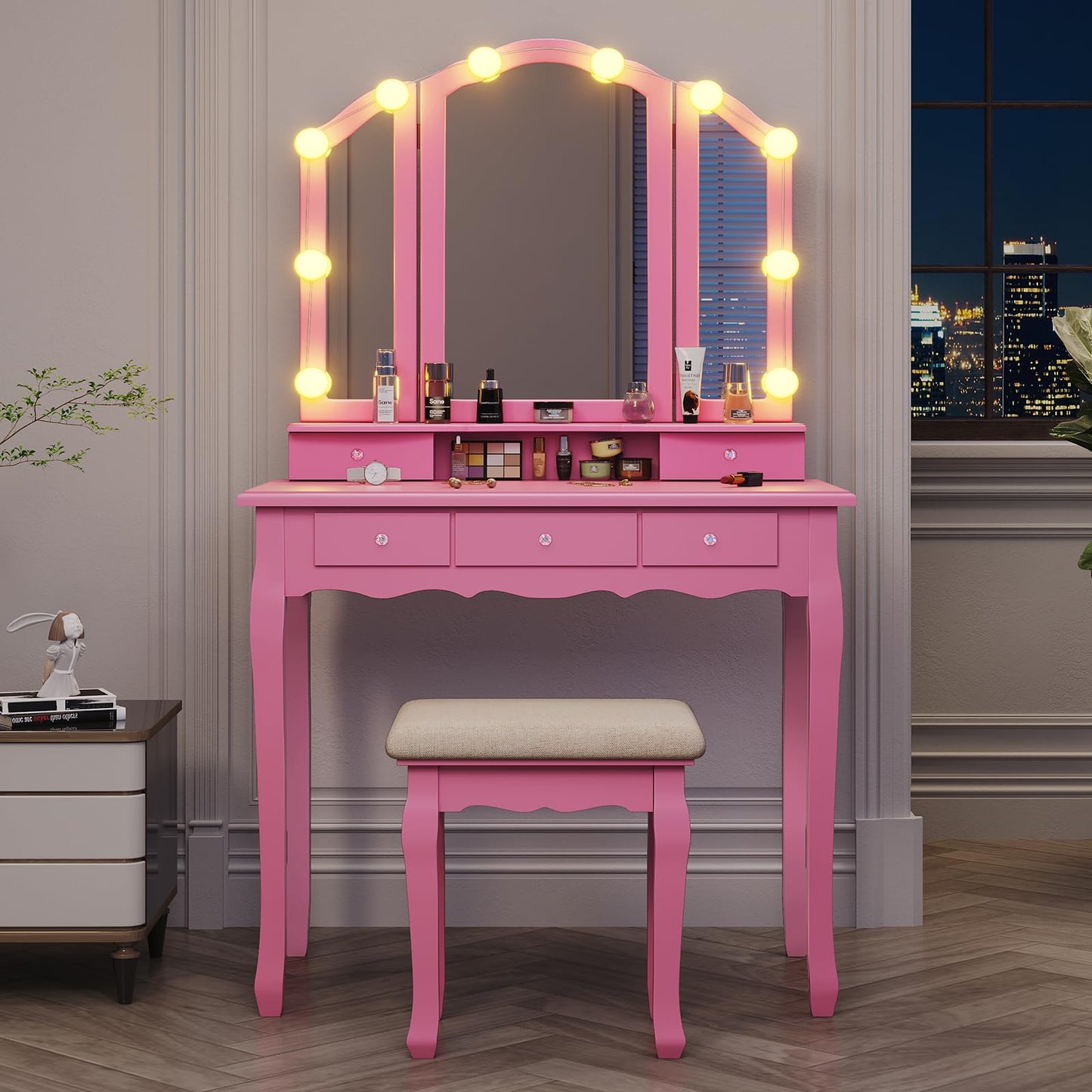 Tiptiper Vanity Desk with Tri-Fold Mirror and Lights, Makeup Vanity with Wood Upholstered Stool, Vanity Table with 5 Drawers & 8 Jewelry Hooks, Small Vanity, Pink