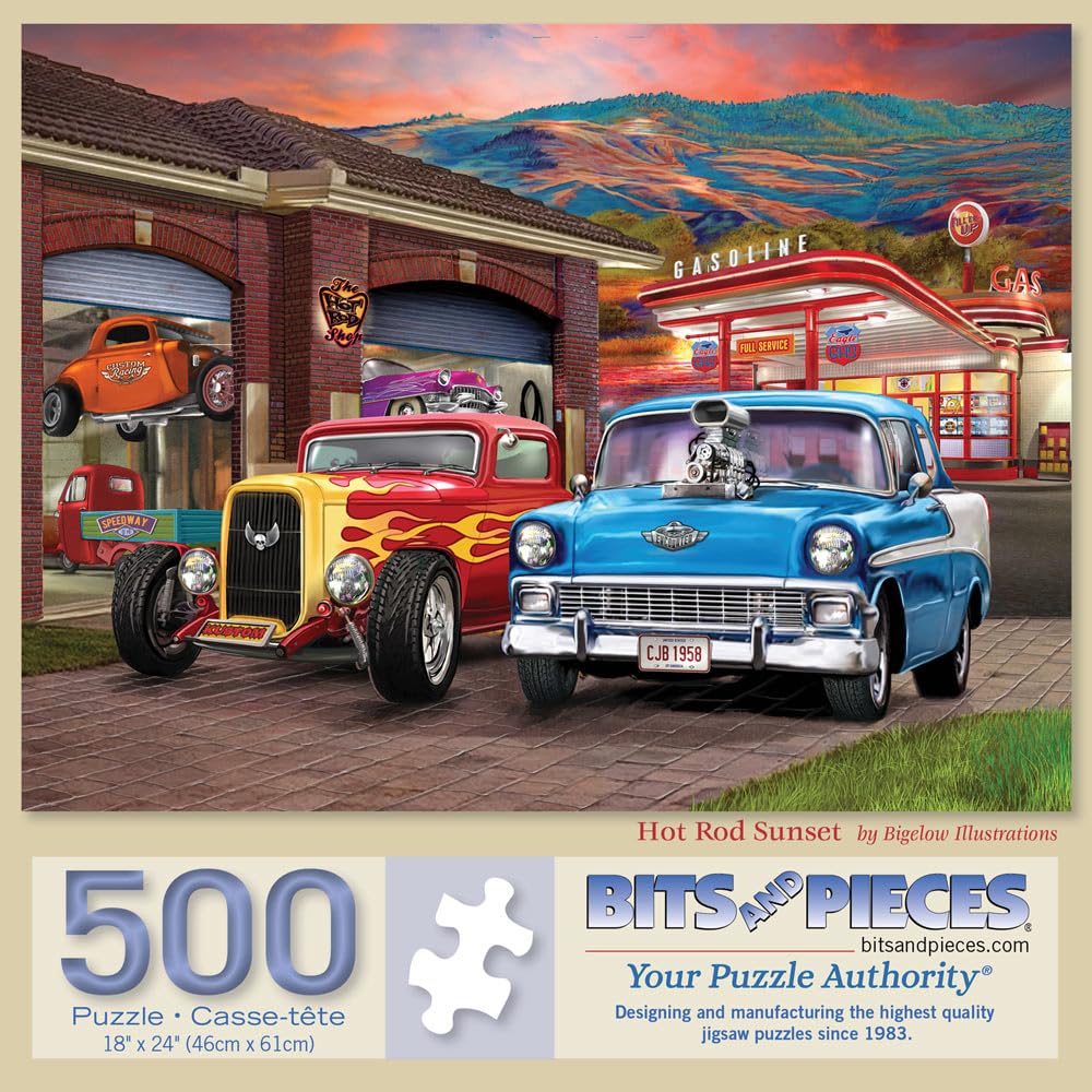 Bits and Pieces - 500 Piece Jigsaw Puzzle for Adults - 18" x 24" - Hot Rod Sunset - 500 pc Colorful Classic Cars Jigsaw by Bigelow Illustrations Bits and Pieces