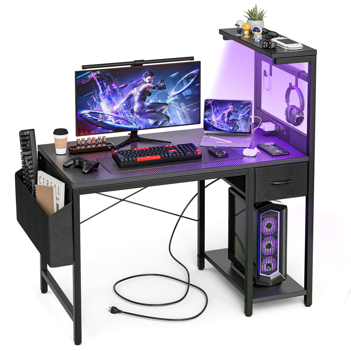 Grandder Gaming Desk 47 Inch with Power Outlet and LED Light, Computer Desk with Reversible Shelves and Storage Drawer, Pc Small Desk for Home Office Table with Bag, Carbon Fiber Black Grandder