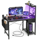 Grandder Gaming Desk 40 Inch with Power Outlet and LED Light, Computer Desk with Reversible Shelves and Storage Drawer, Pc Small Desk for Home Office Table with Bag, Carbon Fiber Black Grandder