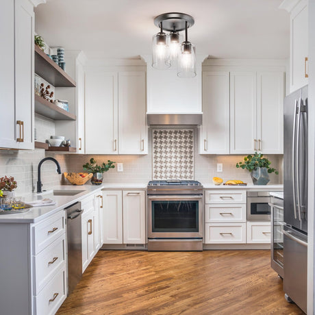 Kalium 3-Lights Semi Flush Mount Ceiling Light Fixture, Matte Black Light Fixtures, Ceiling Light for Kitchen, Foyer, Entryway, Farmhouse, Home Decor, Clear Glass Shade. Kalium