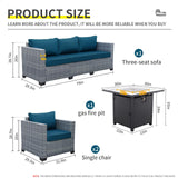 Lviden 4 Piece Wicker Patio Furniture Sets Outdoor Conversation Set PE Rattan Sectional Sofa Couch with Fire Pit Table and Peacock Blue Cushions Lviden