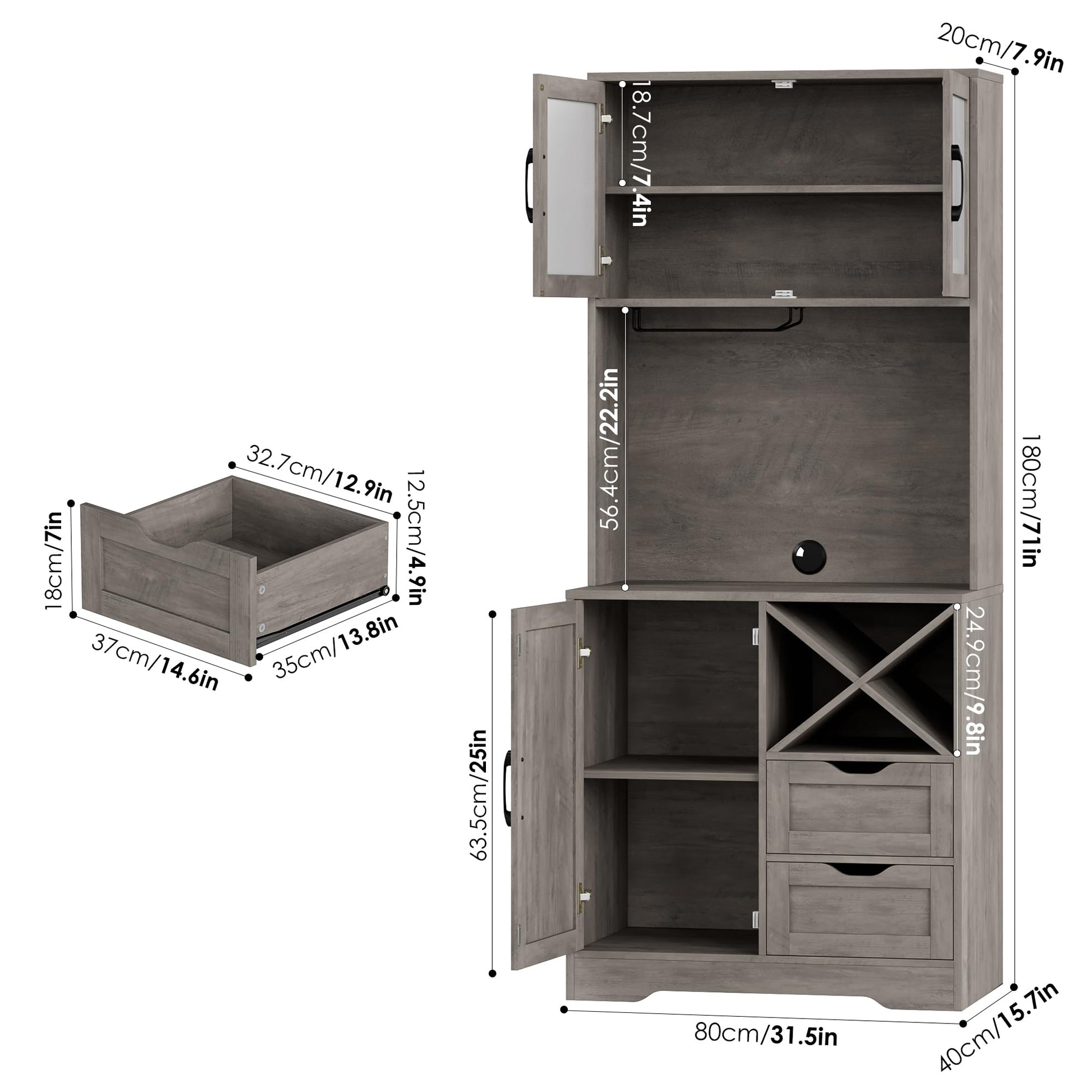 BOTLOG 71" Kitchen Hutch, Pantry Cabinet with Microwave Stand, Buffet Cabinet with Hutch, Adjustable Shelf, 3 Glass Doors, 2 Drawers, for Home, Dining Room, Rustic Grey - WoodArtSupply