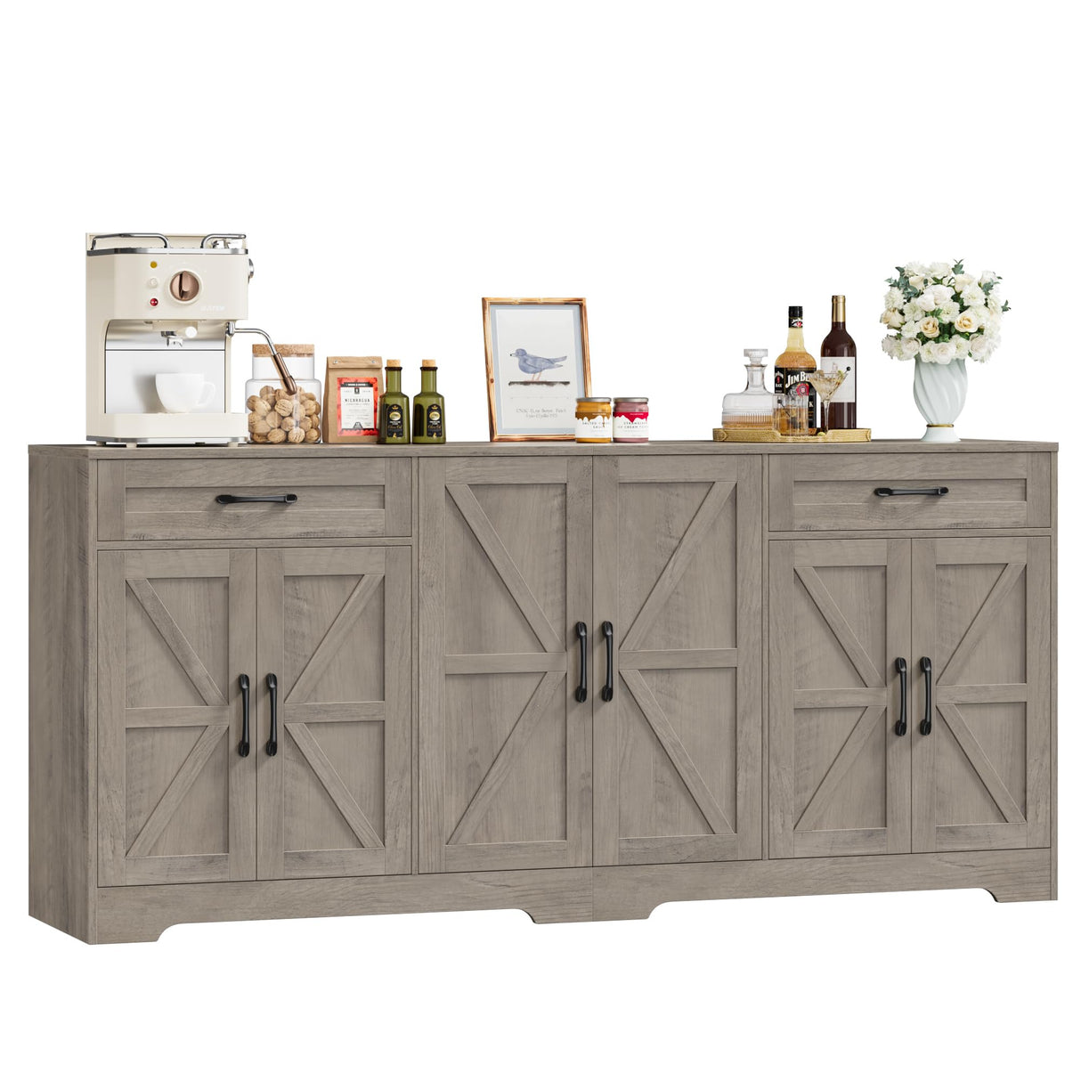 BOTLOG 71” Large Sideboard Buffet Cabinet with Storage, Farmhouse Kitchen Buffet Cabinet with Adjustable Shelves and 6 Barn Doors, Wood Coffee Wine Bar Console Table for Kitchen, Dining Room, Ash Grey BOTLOG