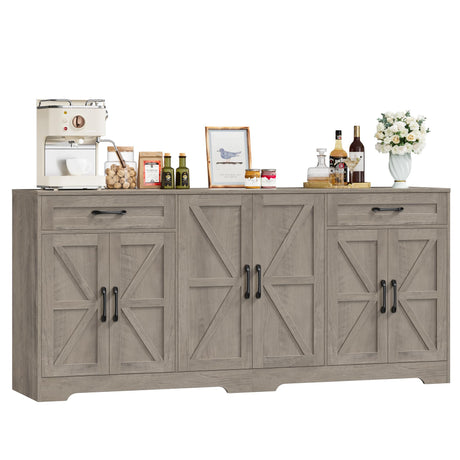 BOTLOG 71” Large Sideboard Buffet Cabinet with Storage, Farmhouse Kitchen Buffet Cabinet with Adjustable Shelves and 6 Barn Doors, Wood Coffee Wine Bar Console Table for Kitchen, Dining Room, Ash Grey BOTLOG
