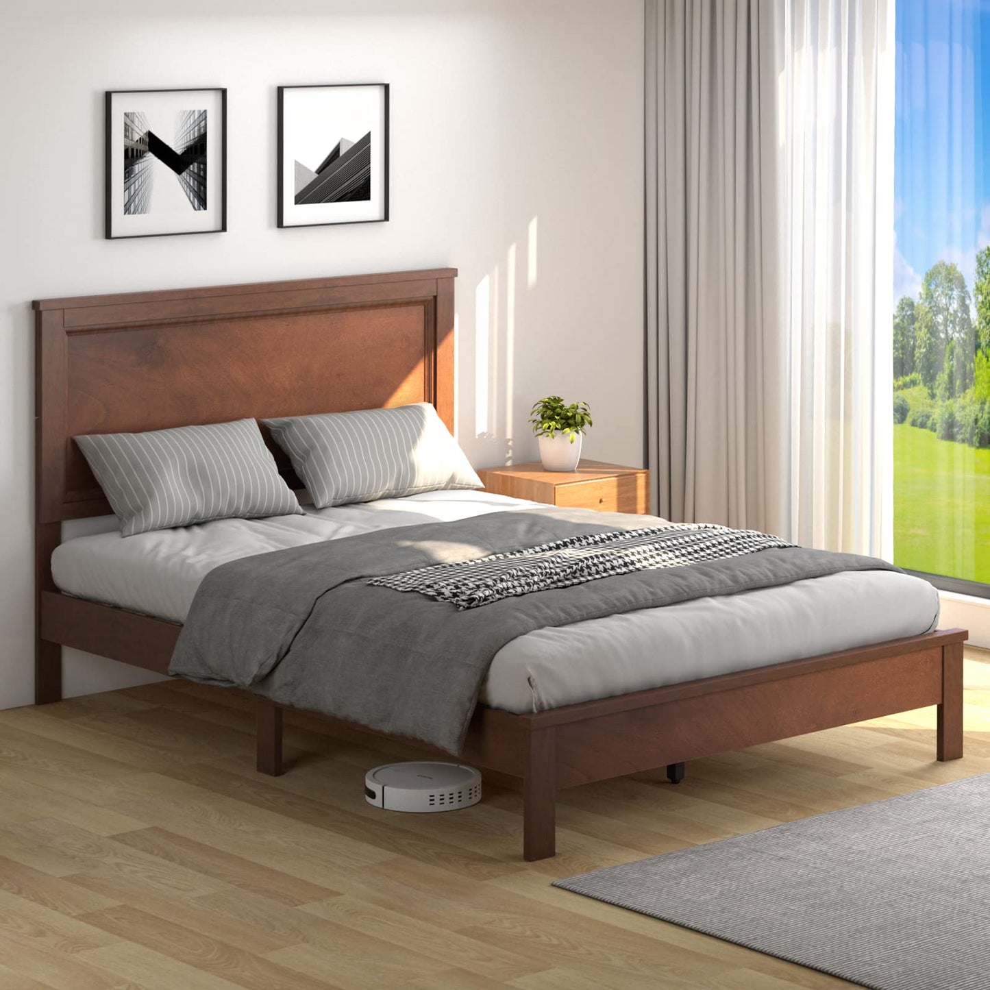 KOMFOTT Wood Full Bed Frame with Headboard, Mid Century Platform Bed with Solid Wood Slats Support & Rubber Wood Legs, Slatted Bed Mattress Foundation, No Box Spring Needed, Easy Assembly