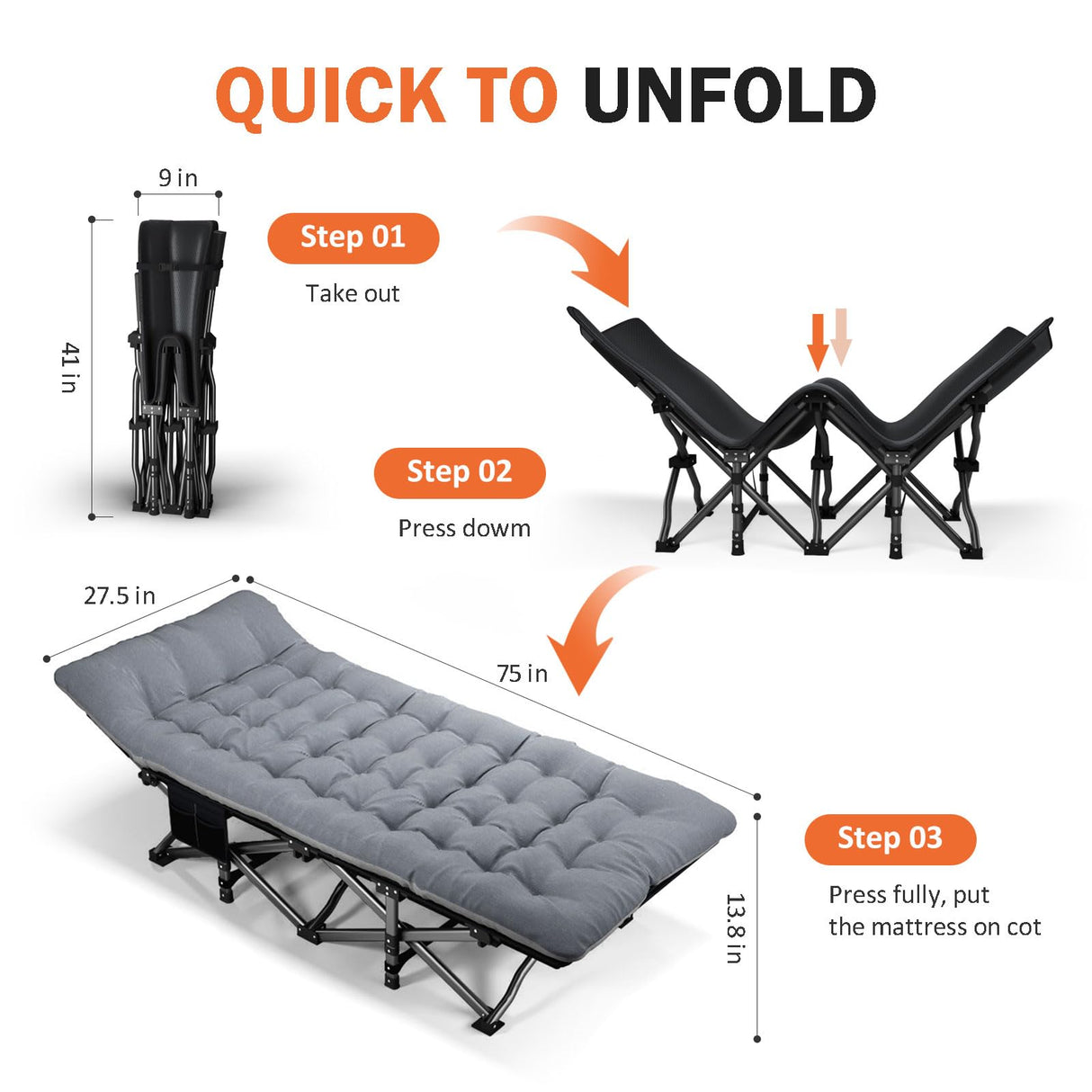 ATORPOK Camping Cot for Adults with Cushion Comfortable, Portable Folding Bed for Sleeping Supports 450 lbs (Gray) ATORPOK