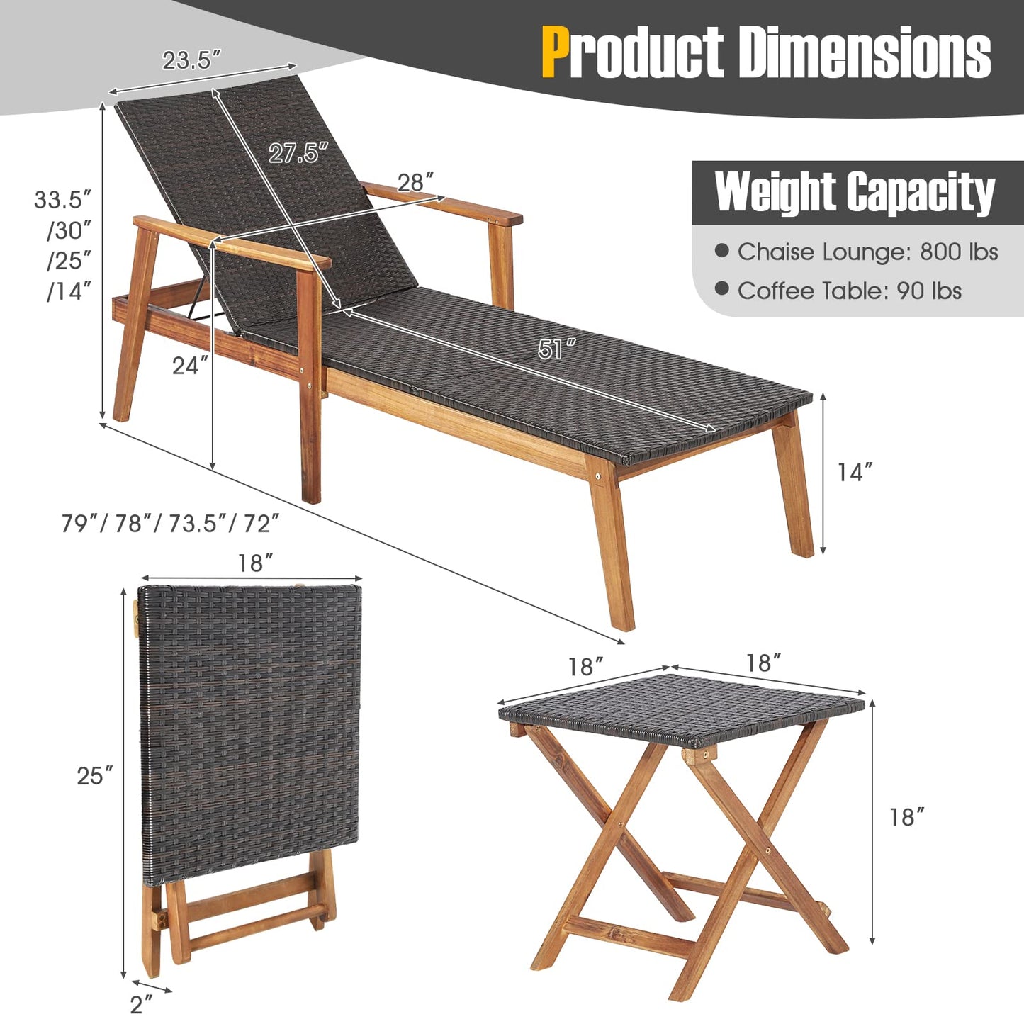 Tangkula 3 Piece Patio Chaise Lounge & Table Set, Outdoor Rattan Lounge Chair w/Folding Side Table, 4-Level Adjustable Backrest, Solid Acacia Wood Frame, Recliner & Table Set for Backyard (Mix Brown)