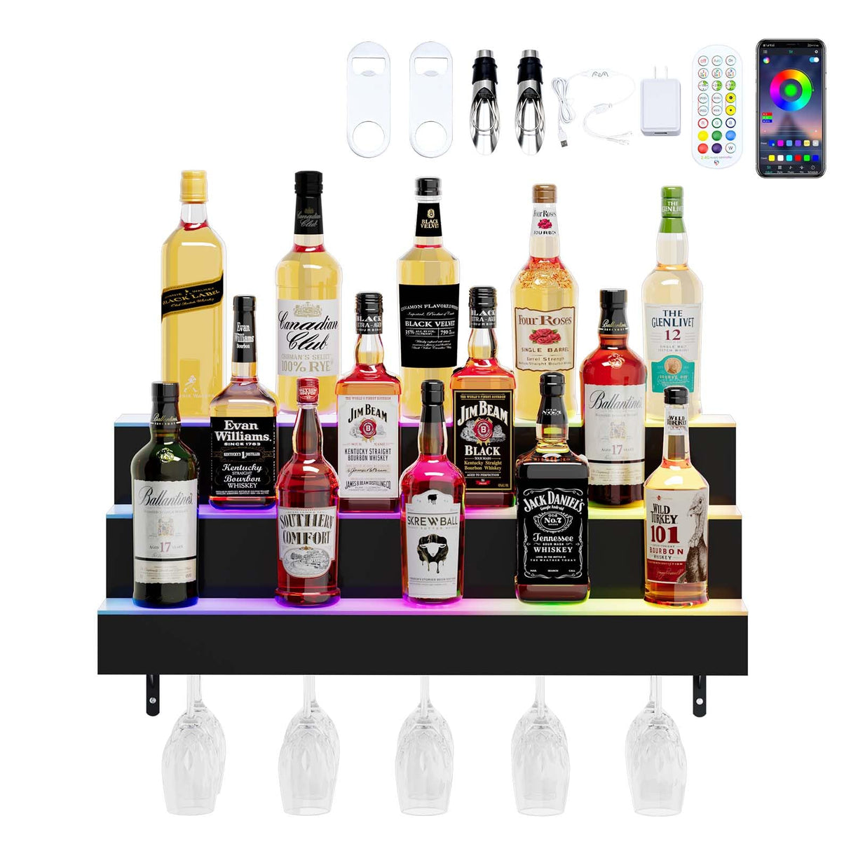 Dethan 3 Tier 30 Inch LED Lighted Liquor Bottle Display Shelf - Wall-Mounted Wine Rack with Multi-Color App & Wireless Remote Control, Adjustable Brightness & Sound Modes, Acrylic Bar Shelves Displays Dethan