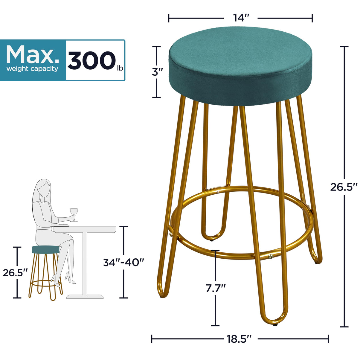 Yaheetech Bar Stools Set of 4, Velvet Round Counter Stools, Backless Counter Height Bar Chairs with Golden Legs for Kitchen Dining Room Pub Cafe, Peacock Blue Yaheetech