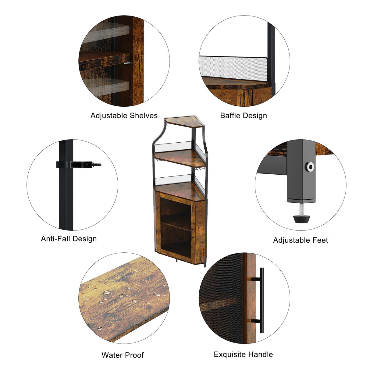 GarveeHome Corner Bar Cabinet with LED Lights, Industrial Liquor Cabinet with Adjustable Shelf, 5-Tier Industrial Wine Cabinet with Glass Holder, Home Bar Cabinet, Coffee Bar Cabinet, Rustic Brown GarveeHome