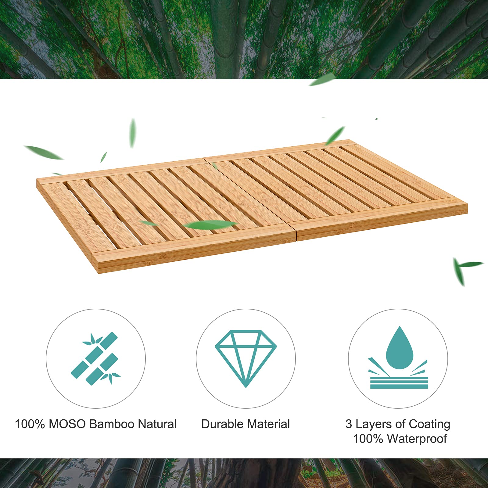 Waterproof Bamboo Bath Mat for Shower, Foldable | Non-Slip | Heavy Duty, Wooden Bath Mat, Floor Mat and Doormat for Indoor Outdoor, 23.4in x 15.6in - WoodArtSupply