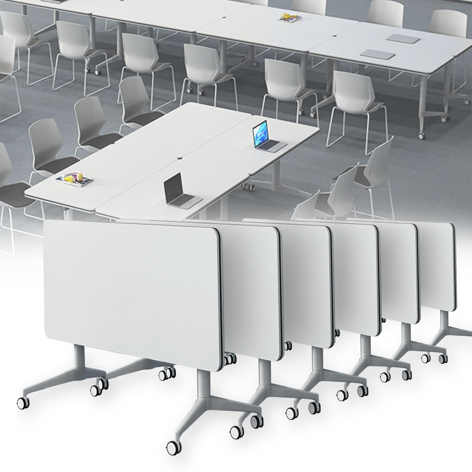 Conference Table Folding Conference Table, Modern Conference Room Table White Meeting Table Flip Top Large Mobile Training Table, Mobile Training Seminar Table for Office Classroom (6pack 63i - WoodArtSupply