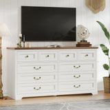 DICTAC 10 Drawers Dresser for Bedroom,55" Wide Farmhouse Dresser with Natural Texture and Vintage Metal Handles, Rustic Wood Chest of Drawers for Bedroom, Living Room, Hallway,White DICTAC