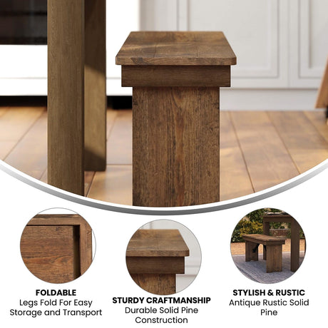 Flash Furniture HERCULES 40" x 12" Antique Rustic,Solid Pine Folding Farm Bench Flash Furniture