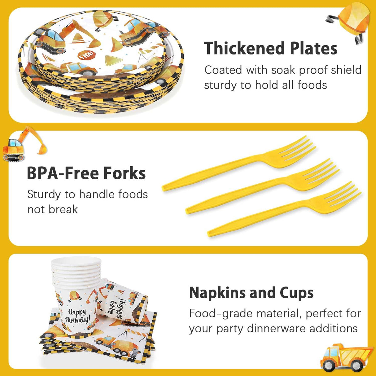 Construction Theme Birthday Party Decorations Plates Set 25 Guests,100 Pcs Plates Napkins Forks Boys Kids Construction Excavator Birthday Party Supplies Heboland