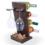 Rustic State Rueda Tabletop Wine Rack for 4 Bottles with 2 Stemware Glass Holder and Cork Storage Countertop Tray Freestanding Bar Organizer, Walnut Rustic State