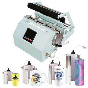 BetterSub 4in1 Set 3oz Shot Glass Tumbler Heat Press Machine 30oz 20oz Sublimation Straight Skinny Tumbler, 11oz 15oz 16oz 17oz Sublimation Mug Heat Transfer Teal BetterSub