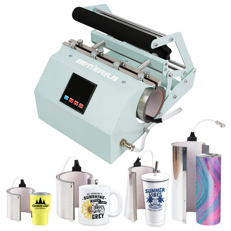 BetterSub 4in1 Set 3oz Shot Glass Tumbler Heat Press Machine 30oz 20oz Sublimation Straight Skinny Tumbler, 11oz 15oz 16oz 17oz Sublimation Mug Heat Transfer Teal BetterSub