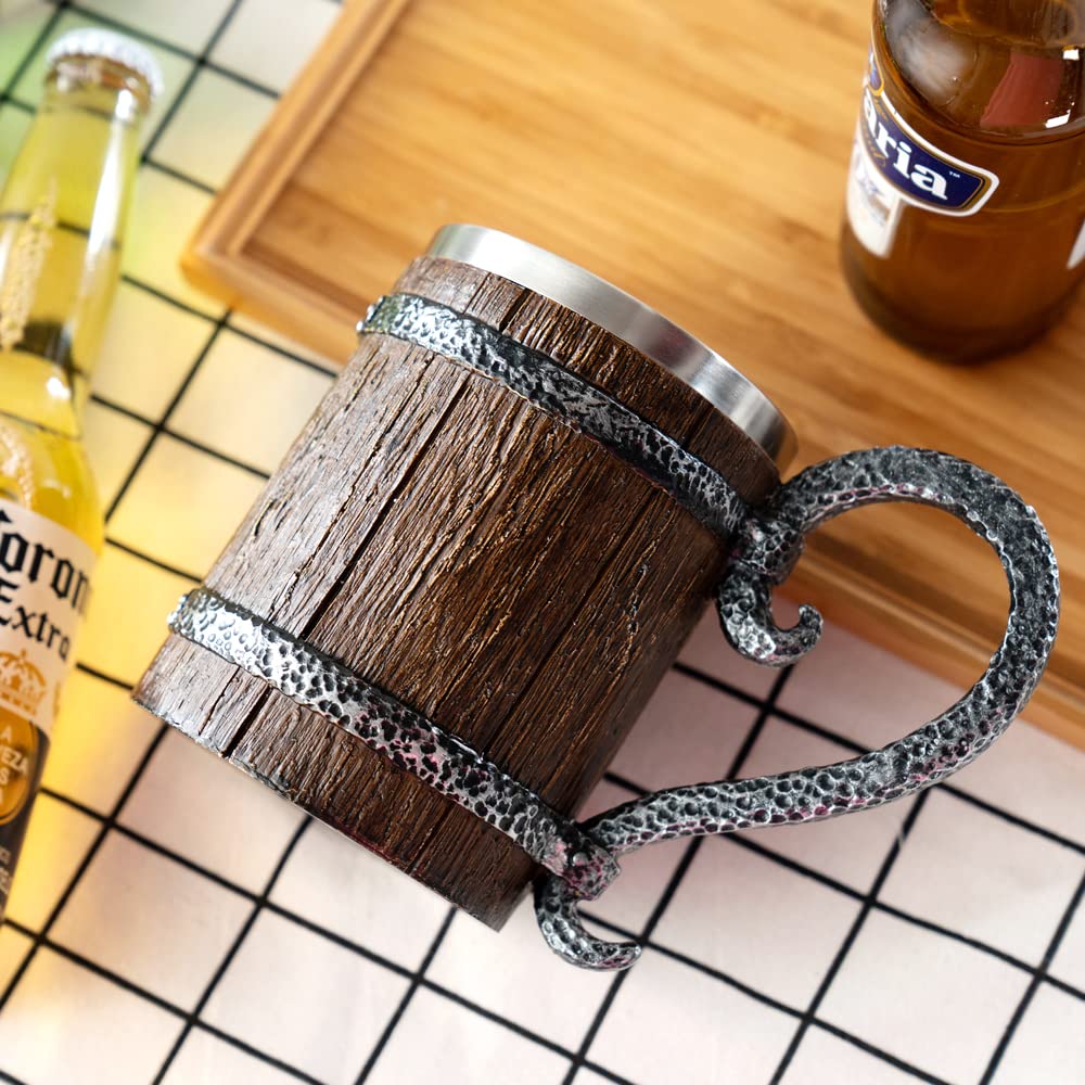 Arola Handmade Wooden Barrel Beer Mug, Stainless Steel Vintage Beer Cup, Medieval Drinkware Mug for Coffee/Beverage/Juice17oz Gift for Men. Arola