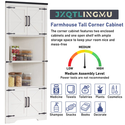 JXQTLINGMU Farmhouse Corner Cabinet, Tall Corner Bathroom Storage Cabinet with Barn Door Design & Adjustable Shelves, for Laundry Room, Living Room,