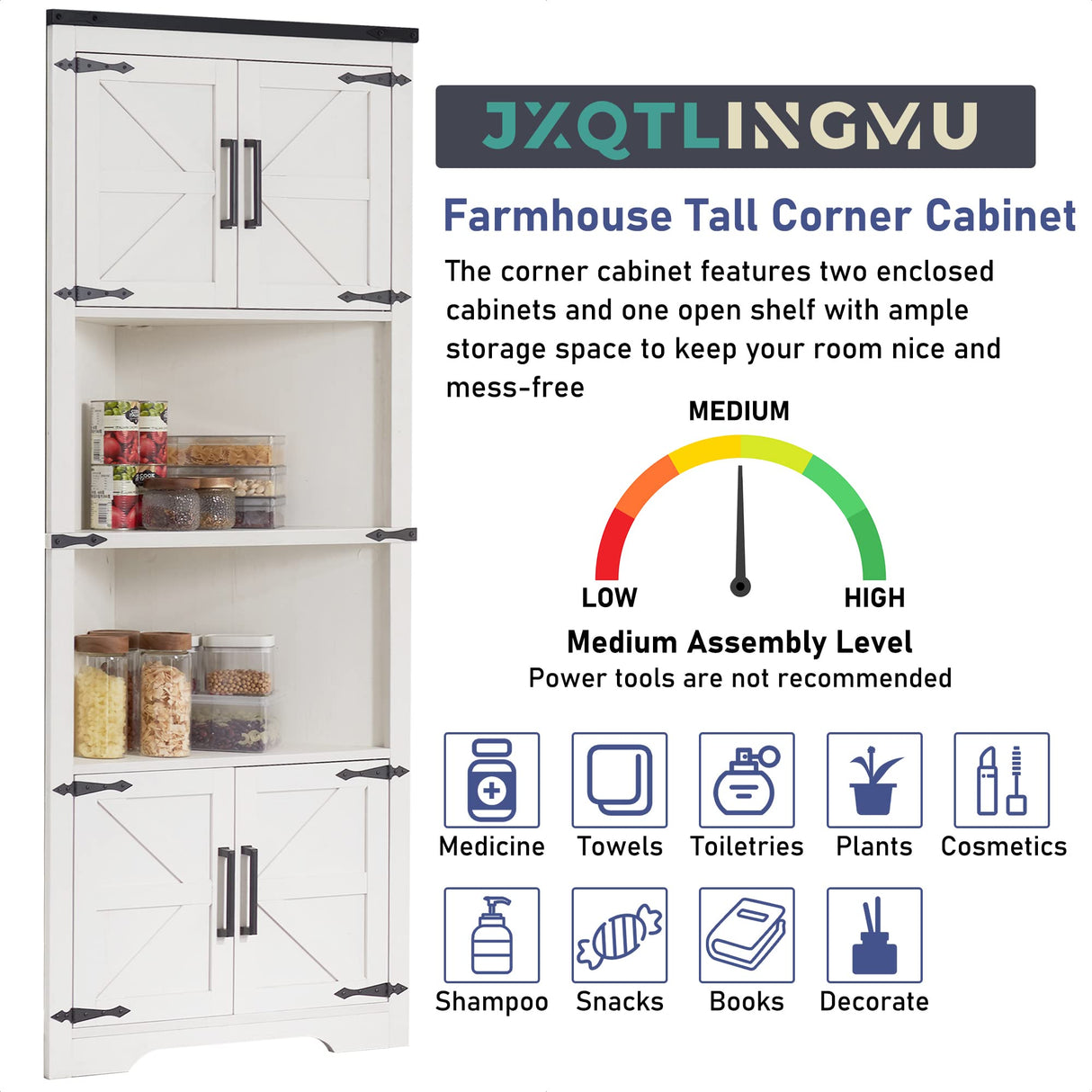 JXQTLINGMU Farmhouse Corner Cabinet, 67" Tall Corner Bathroom Storage Cabinet with 2 Barn Door & Adjustable Shelves for Kitchen, Dining Room, Living JXQTLINGMU