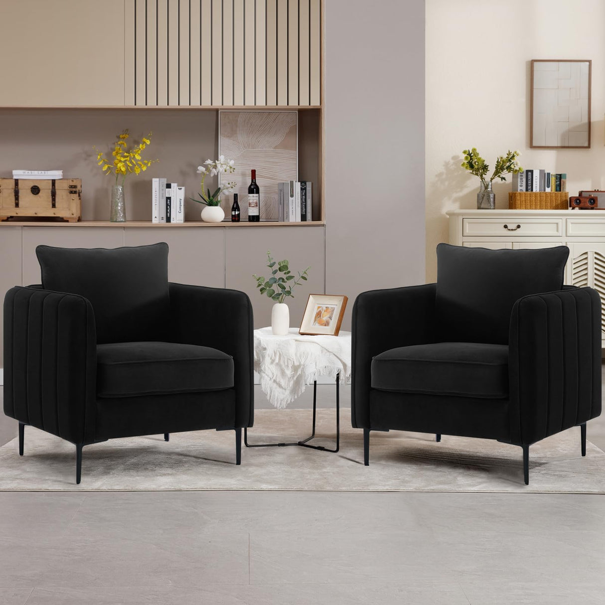 SUHELUFU Modern Black Velvet Accent Chairs, Comfy Upholstered Armchairs with Thick Cushion and Wood Frame for Living Room, Bedroom or Office SUHELUFU