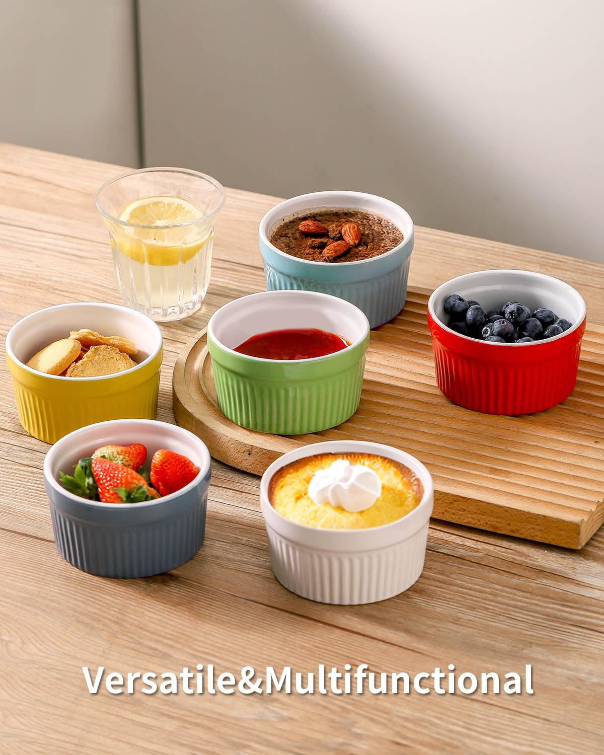 Hasense Ramekins Oven Safe, 8 oz Ramekins for Baking Souffle Ramekins Set of 6, Ceramic Dipping Sauce Cups for Pudding, Ice Cream, Custard, Dessert Bowls Porcelain, Dishwasher Safe, Multi color Hasense