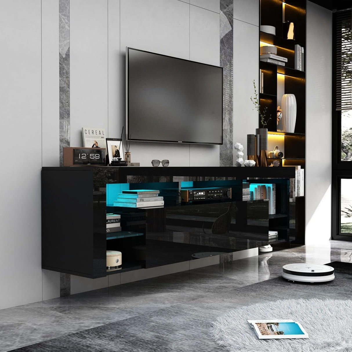 Gitua Floating TV Stand Wall Mounted, High Gloss LED Floating Entertainment Center with Storage&Adjustable Glass Shelf, TV Stand for 65 Inch TV, Gaming Media Center Console Table with Lights, Black Gitua