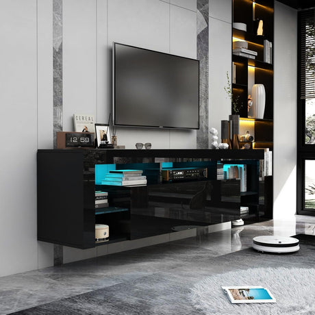 Gitua Floating TV Stand Wall Mounted, High Gloss LED Floating Entertainment Center with Storage&Adjustable Glass Shelf, TV Stand for 65 Inch TV, Gaming Media Center Console Table with Lights, Black Gitua