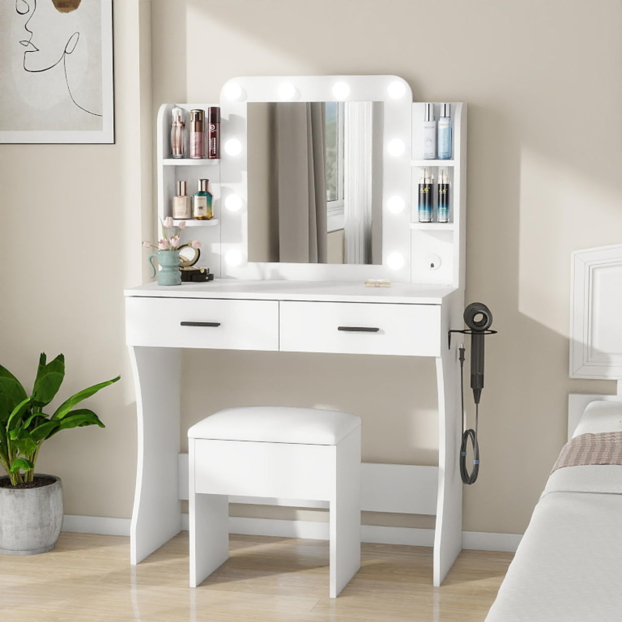Vanity Desk Set with Mirror, LED Lights and Power Outlet Makeup Table with 2 Large Drawers and Round Holder, Dressing Table with Cushioned Stool for Bedroom, Dressing Room (White) Panana