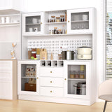 VOWNER Kitchen Hutch Cabinet, Pantry Cabinet, Freestanding Buffet Hutch with Pegboard, Cup Holder, Power Outlet, 4 Doors & 3 Drawers, Cupboard with Microwave Shelf & Wine Racks (White) VOWNER