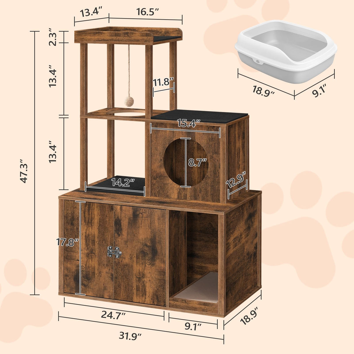 MAHANCRIS Cat Tree with Litter Box Enclosure, Hidden Cats Litter Box Furniture with Condo and Plush Ball, Wooden Cats Washroom Furniture with Platform, Indoor Cat House, Rustic Brown CWHR1501 MAHANCRIS