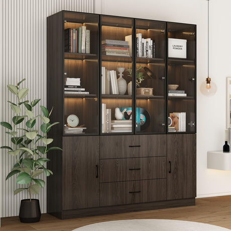 FAMAPY Display Cabinet with Glass Doors & Lights, Display Case with Adjusatble Shelves & 3 Drawers, for Curio Trophy Living Room Home Office, Brown, 15.7”D x 63”W x 78.7”H FAMAPY