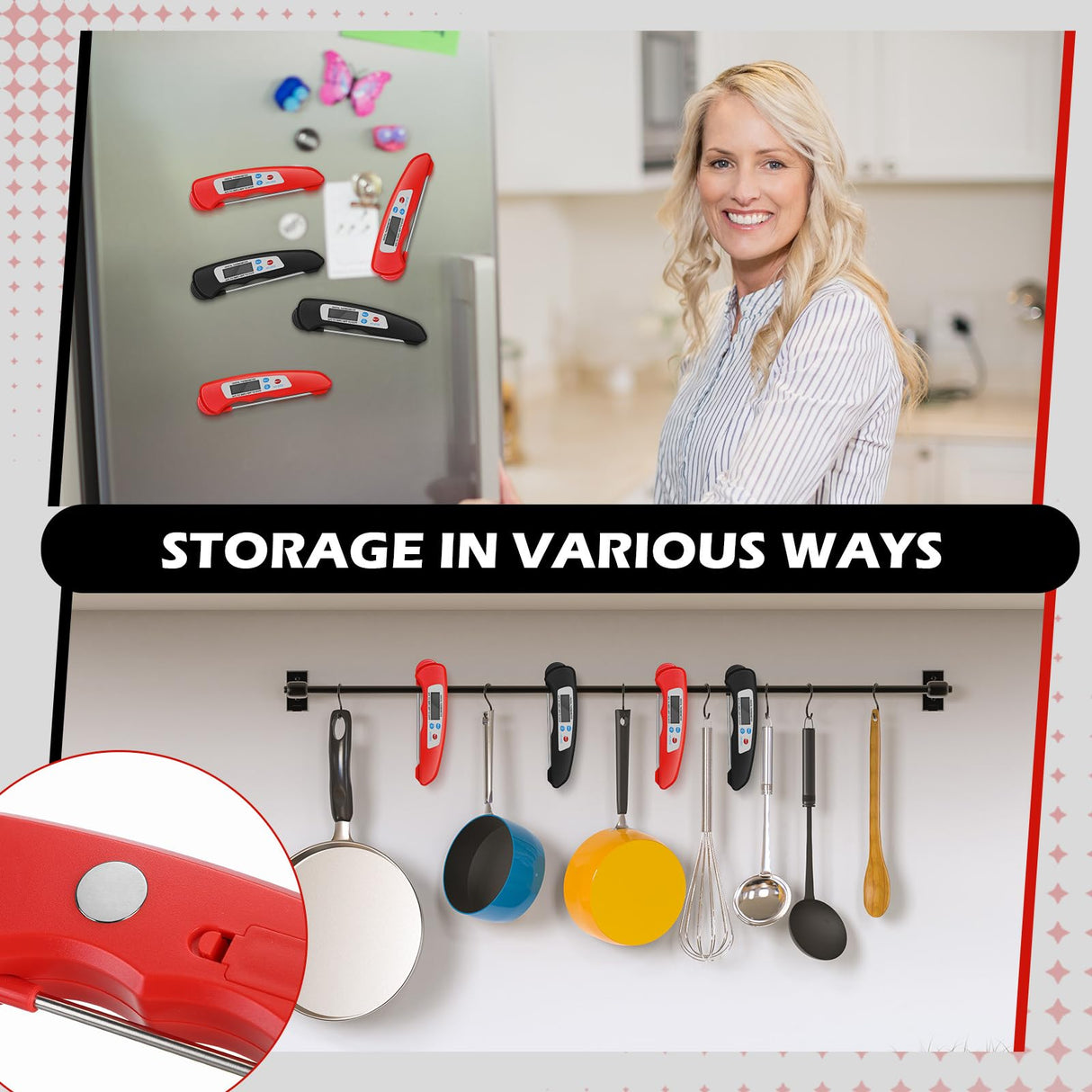 Xuhal 12 Pcs Digital Meat Thermometer with Probe Waterproof Instant Read Foldable Food Thermometer with Magnet for Kitchen Grilling Cooking Turkey Baking BBQ(Black, Red) Xuhal