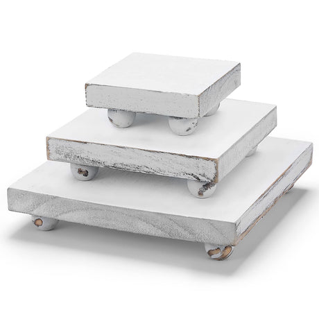 Chunful Set of 3 Wooden Riser Decorative Wood Pedestal Stand Square Wood Risers for Decor White Rustic Pedestal Stand Whitewash Wood Display Riser for Decor Tiered Tray Indoor Outdoor Home Patio Decor Chunful