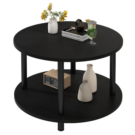 VERFARM 23.6" Round Coffee Table, 2-Tier Small Circle Coffee Table with Storage, Modern Center Accent Table with Metal Frame, Side Table End Table for Small Space, Living Room, Office, Black VERFARM