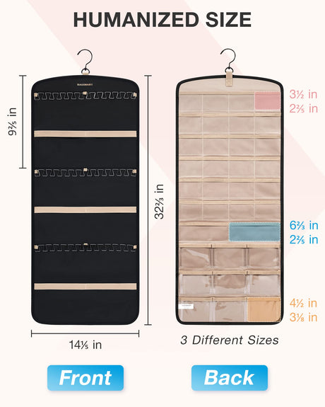 BAGSMART Hanging Jewelry Organizer, Necklace Holder Anti-tangle Earrings Rings Hanger with 20 Jewelry Bags Travel Storage Roll with Pockets Hang on Closet, Wall, Door,1 Piece, Large, Black BAGSMART