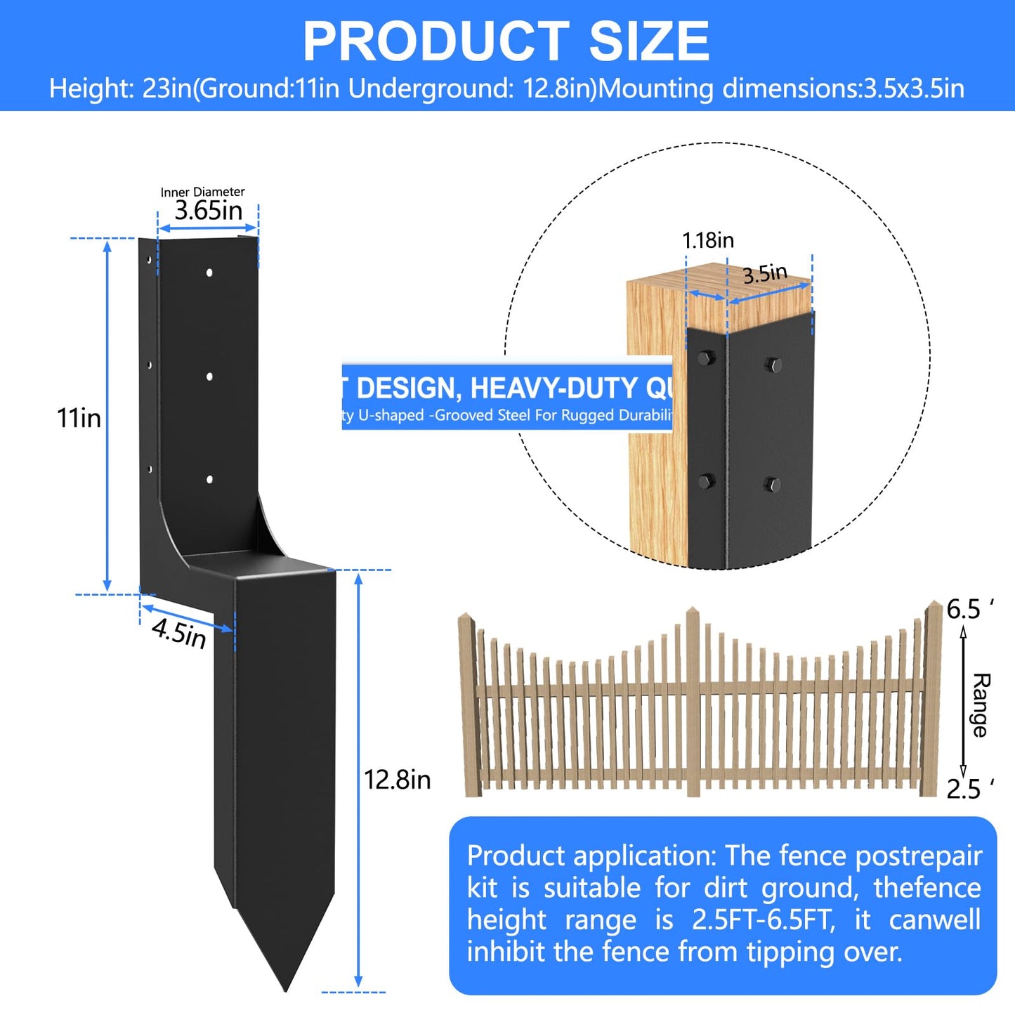 ZIIAMG Fence Post Anchor Ground Spike,Heavy Duty Steel 4"x4" (Inner Diameter 3.6"x3.6") Fence Post Repair Kit(2 Pack/Black） - WoodArtSupply