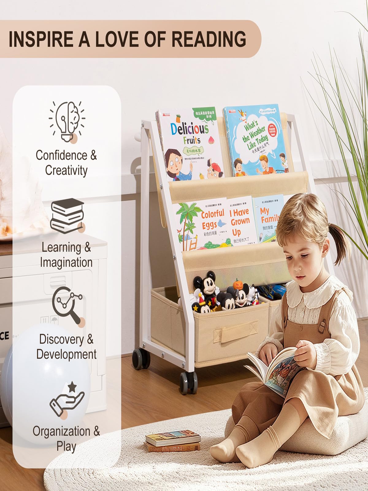 CrsaSwivo Kids Bookshelf Toy Storage - Children's Book Shelf for Kids Rooms, Toddler Bookshelf Baby Bookcase for Nursery, Montessori Toy Organizer CrsaSwivo