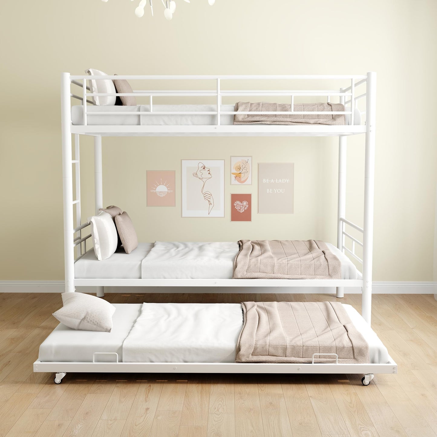 Suheww Twin Over Twin Metal Bunk Bed with Trundle, Heavy-Duty Steel Beds Frame with Side Ladder, Convertible Bunkbed Safety Guardrails,No Box Spring Needed (White)