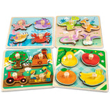 Wooden Toddler Puzzles, Funsland Peg Puzzles Gifts Toys, 4 Pcs Eco Friendly Animal Patterns Jigsaw with Handles, Infant Kid Fine Motor Skill Learning Educational Montessori Puzzles for 1 2 3 Years Old Funsland