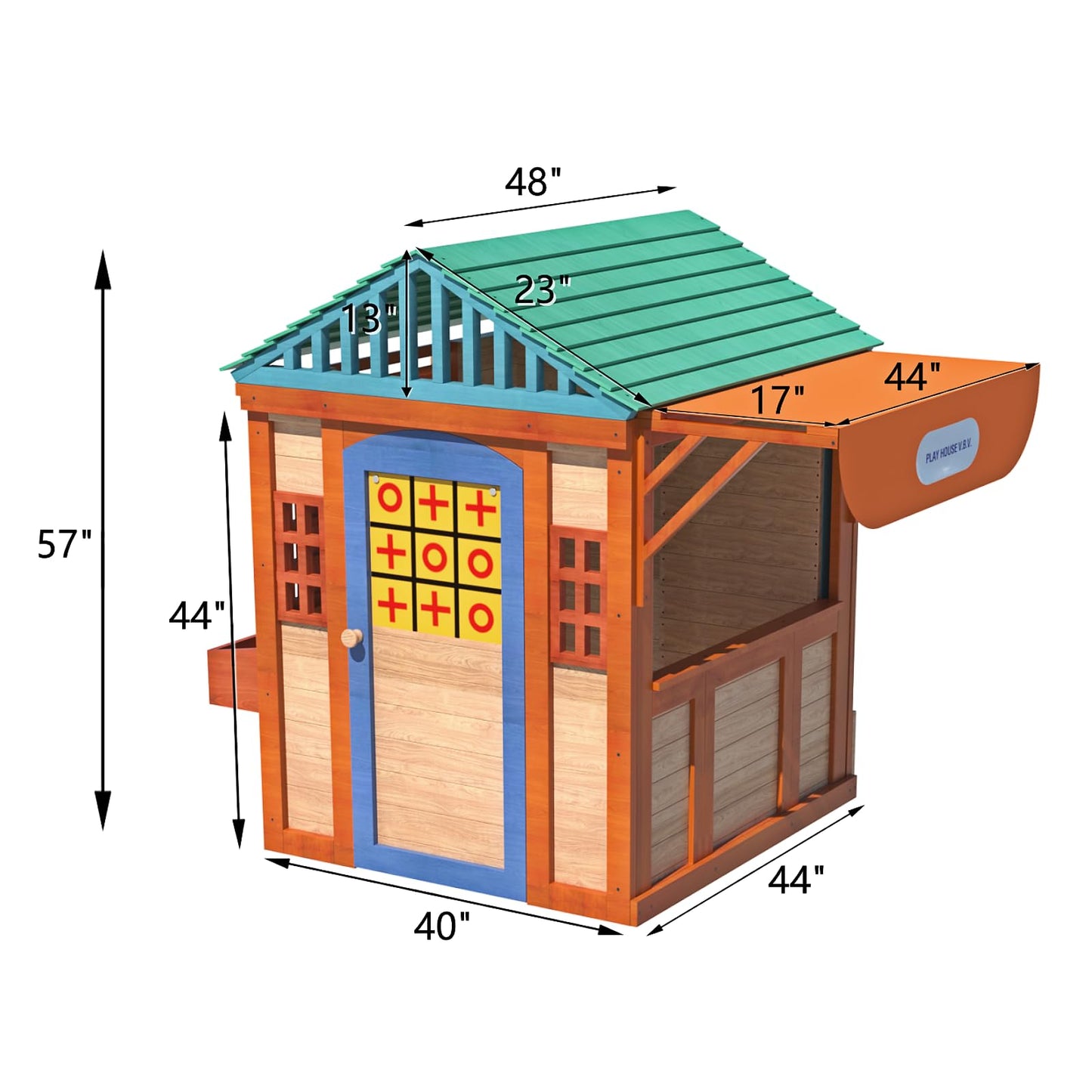 Outdoor Playhouse for Age 3-8 Years Boy Girl, Wooden Cottage Playhouse with 4 Game Awning Window, Ball Wall & Tetris. Play House for Outdoor Garden,