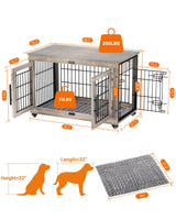 Dog Crate Furniture with Cushion, Large Wooden Dog Kennel Indoor with Double Doors, Dog Cage with Wheels, Dog House Side End Table for Large Medium Dogs up to 70 lb, 38.5” L, Grey YaFiti