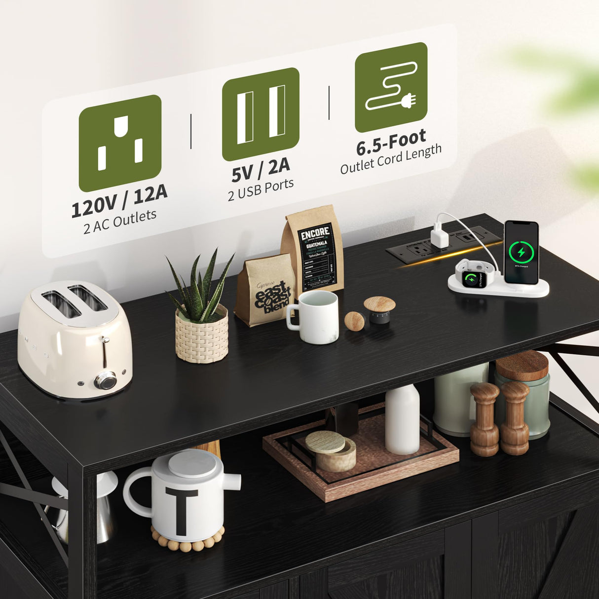 Yoobure Storage Cabinet with Doors and Shelves, LED Coffee Bar Cabinet with Power Outlet, Farmhouse Kitchen Buffet Cabinet with Drawers Accent Pantry Cabinet Sideboard for Living Room Entryway Yoobure