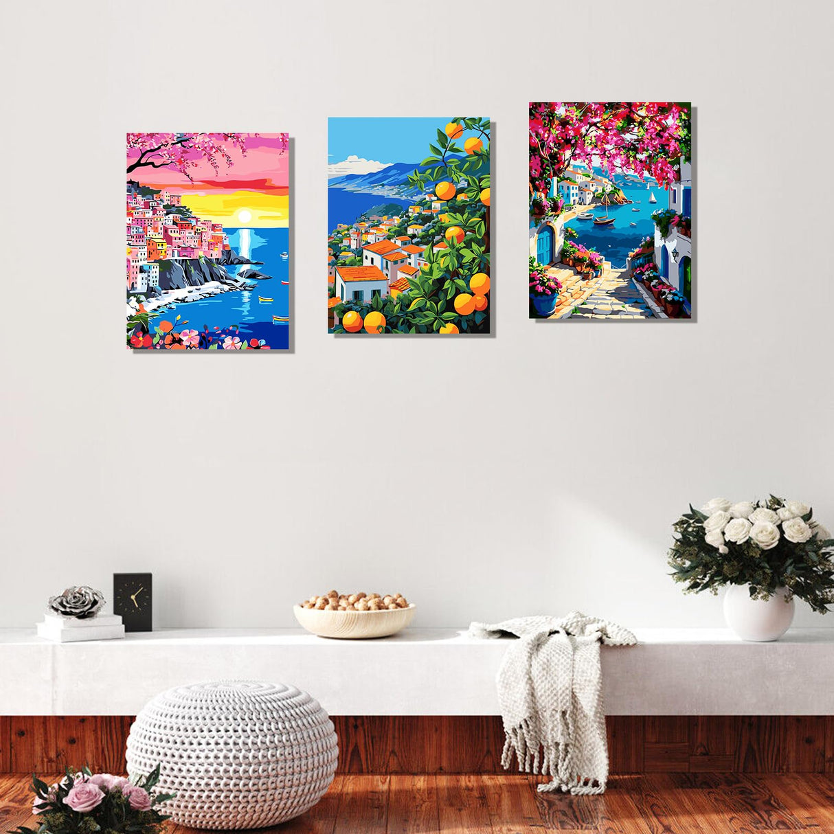 6 Pack DIY Paint by Number Kit for Adults - Mediterranean Coastal Scenery Oil Painting Set, 12x16 Inch Canvas (No Frame), 18 Vivid Acrylic Paints - Stress Relief Art Craft for Home Decor & Gifts TINY FUN