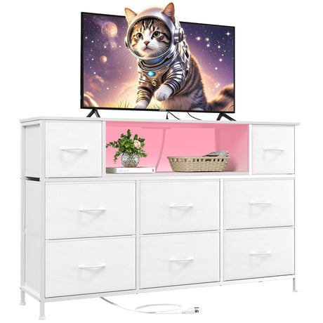 Somdot White TV Stand, Dresser for Bedroom for 55 inch TV with Charging Station and LED Lights, Media Console Table with 8 Drawers, Open Shelf, Adjustable Feet,Living Room Furniture Somdot