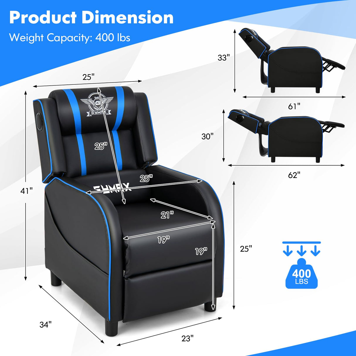GYMAX Gaming Recliner, Massage Gaming Chair with Bluetooth Speaker, Adjustable Footrest & Lumbar Support, Single Ergonomic Gaming Sofa, Video Gaming Chair for Adults, Home Theatre (Blue) GYMAX