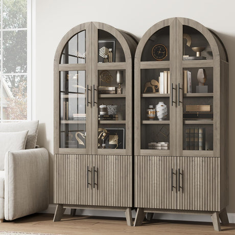 RNLRNL 71" Modern Fluted Display Cabinet with Glass Door, Arched Curio Cabinet with Adjustable Shelf, Bookcase for Collectibles Books, Storage Cabinet for Living Room, Dining Room, Grey RNLRNL